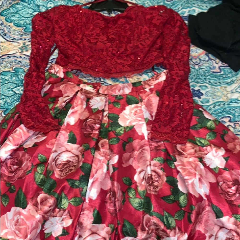 Formal red flower two piece dress